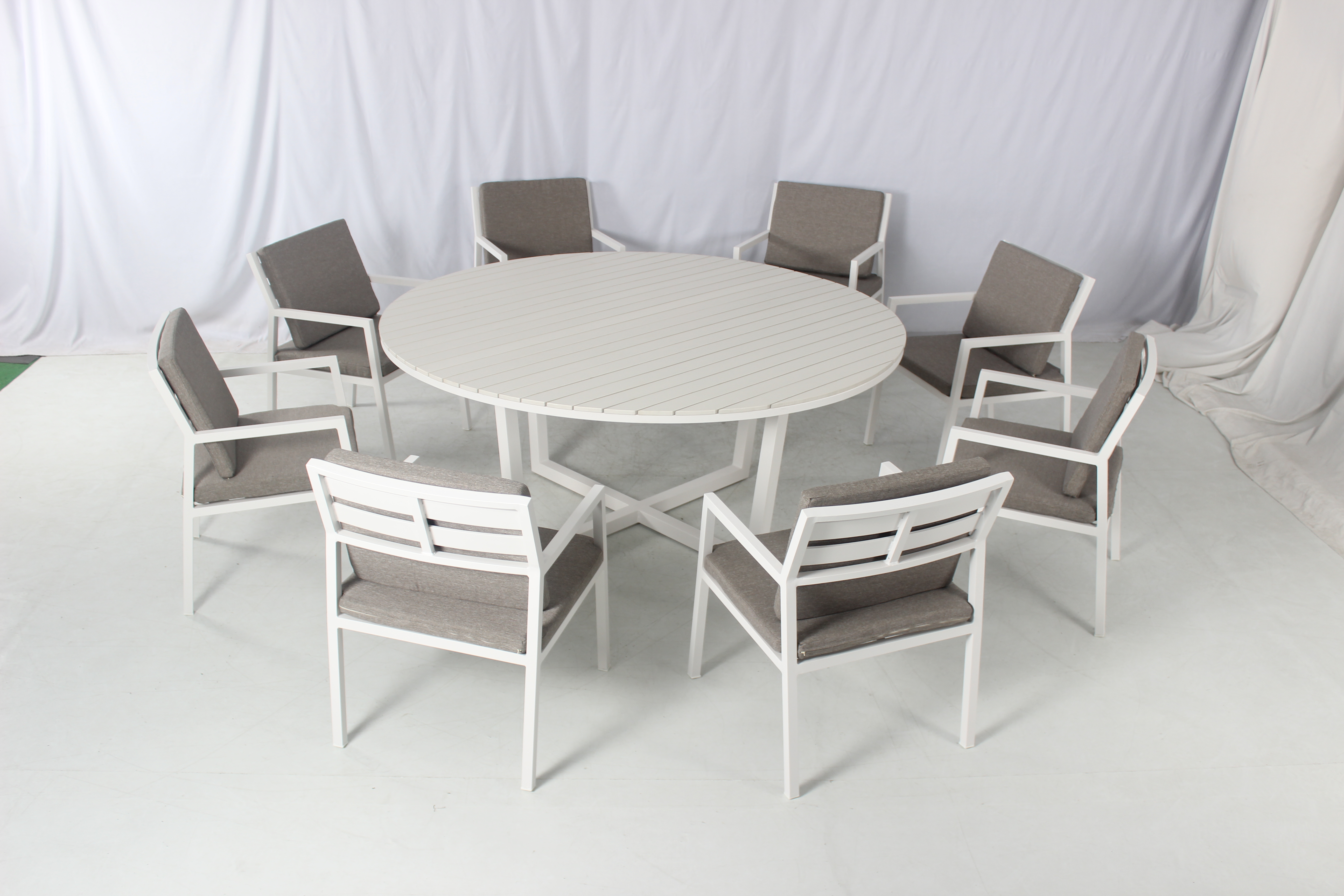 8 seater white patio aluminum large round dining table and chairs