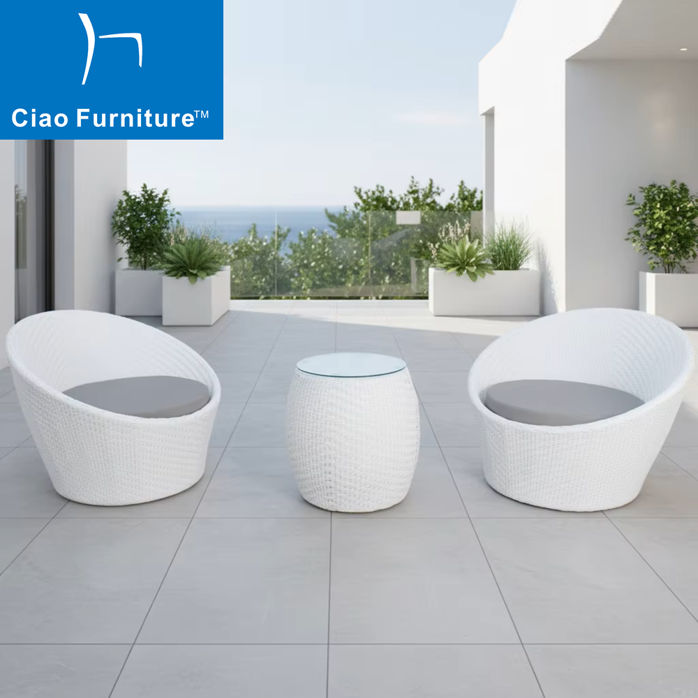 Balcony white rattan coffee table and chair