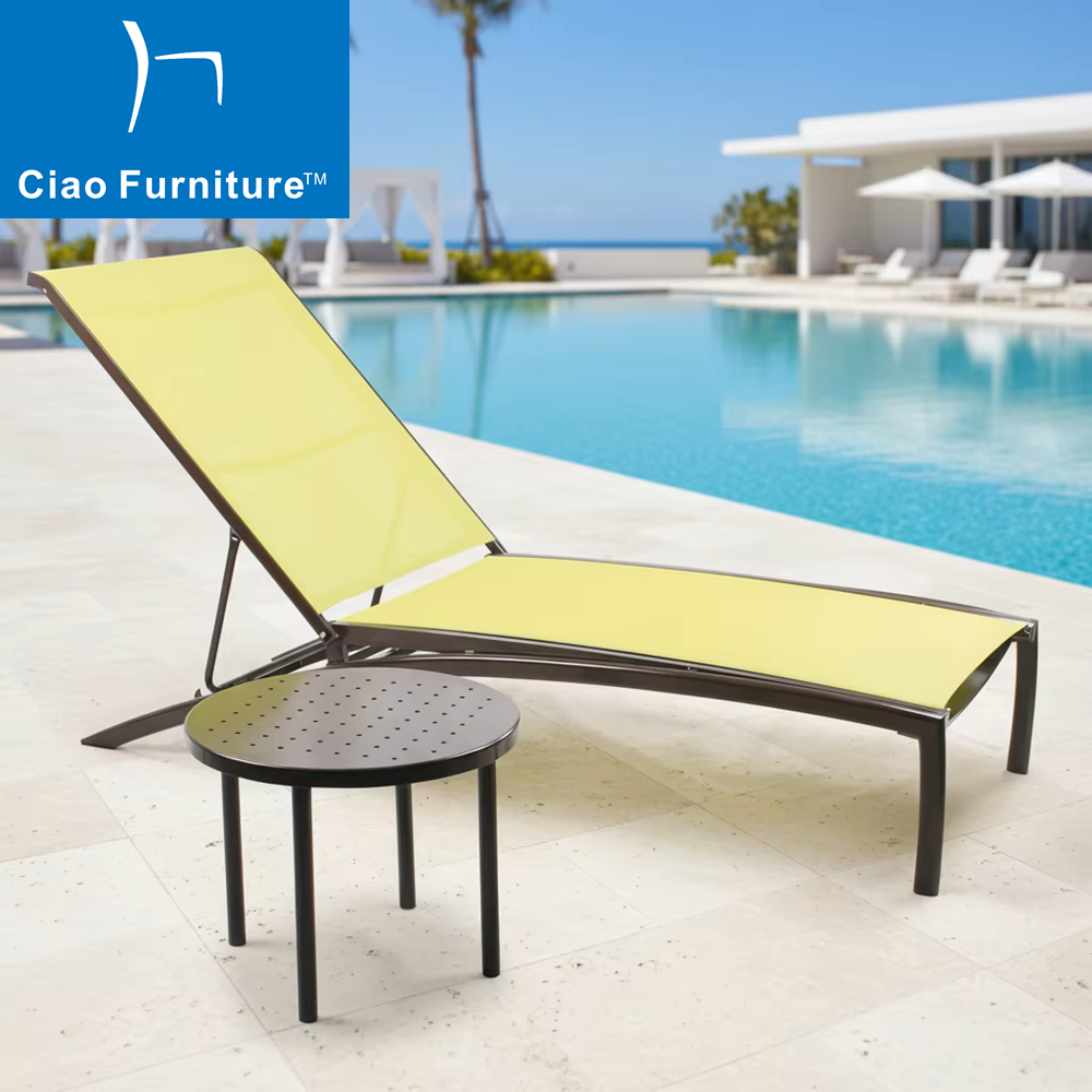Outdoor patio aluminum yellow chaise lounge with side table