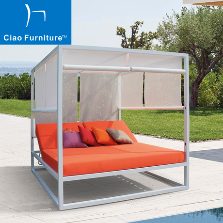 White aluminum outdoor double daybed with curtain