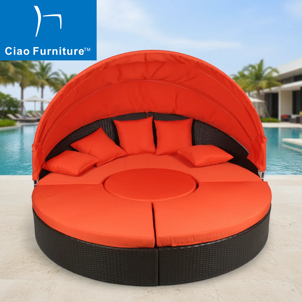Outdoor beach rattan round sofa sunbed with canopy