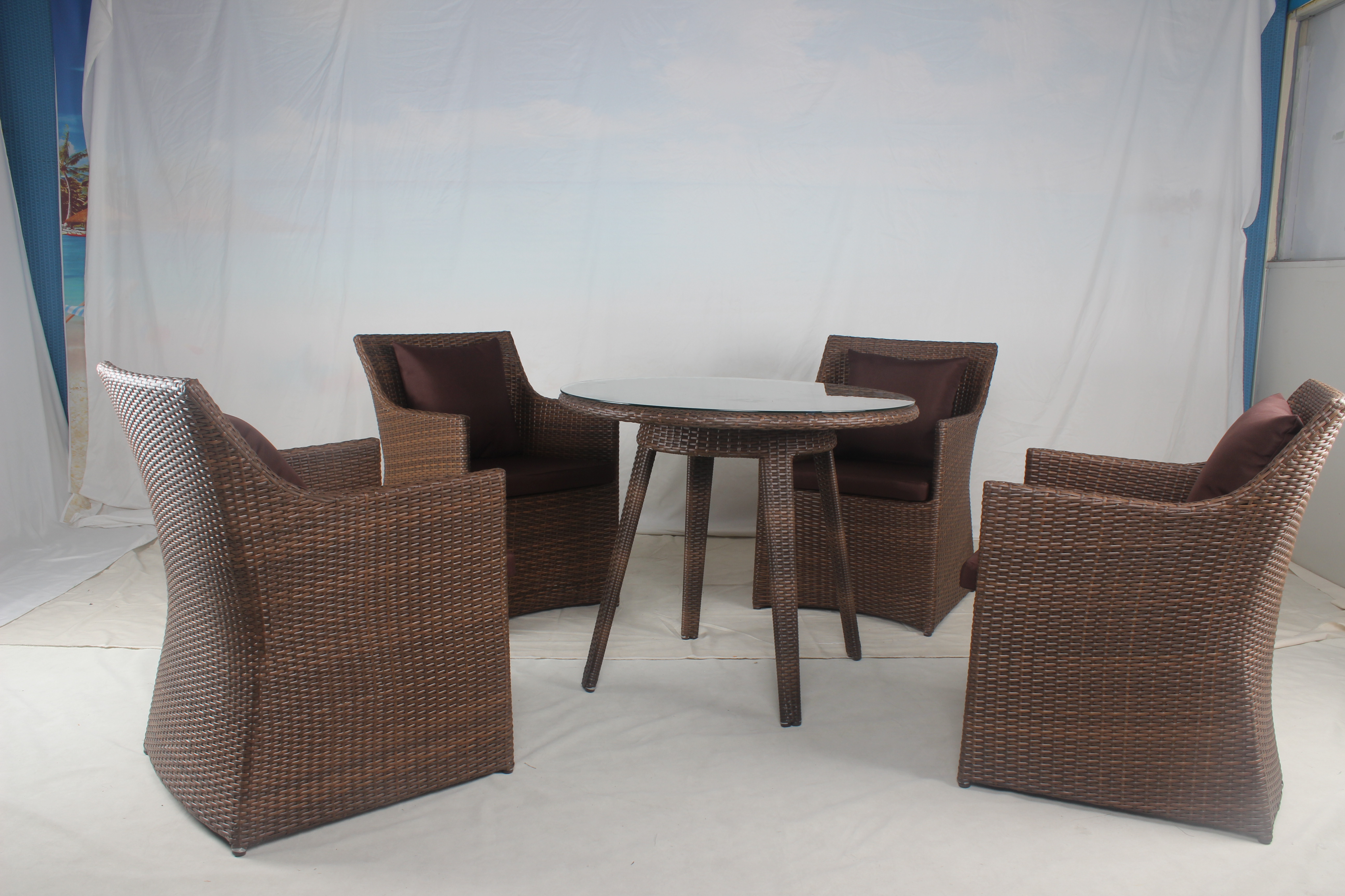 Outdoor brown wicker terrace furniture round dining table chairs set