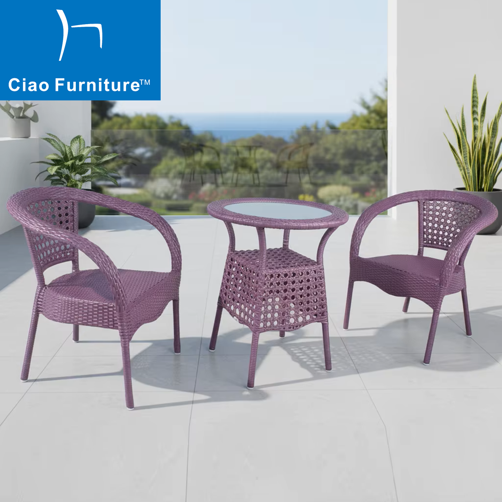 Purple rattan garden terrace bistro furniture set
