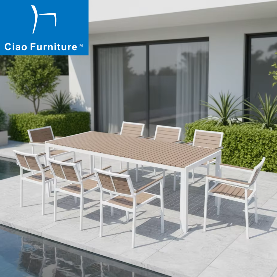 Plastic wood outdoor restaurant 8 seater dining table sets