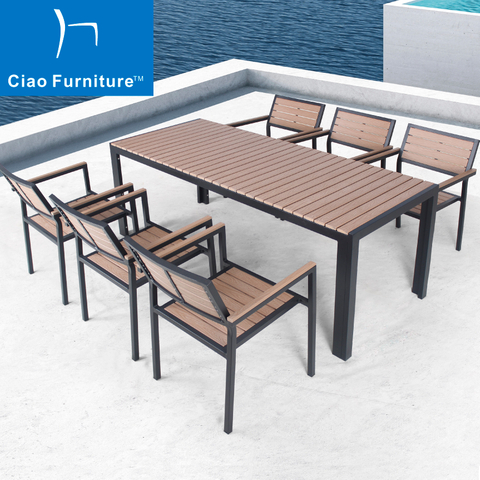 7 pieces outdoor patio plastic wood dining table chairs sets