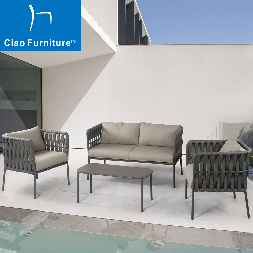  4 pieces patio rope sofa outdoor conversation set