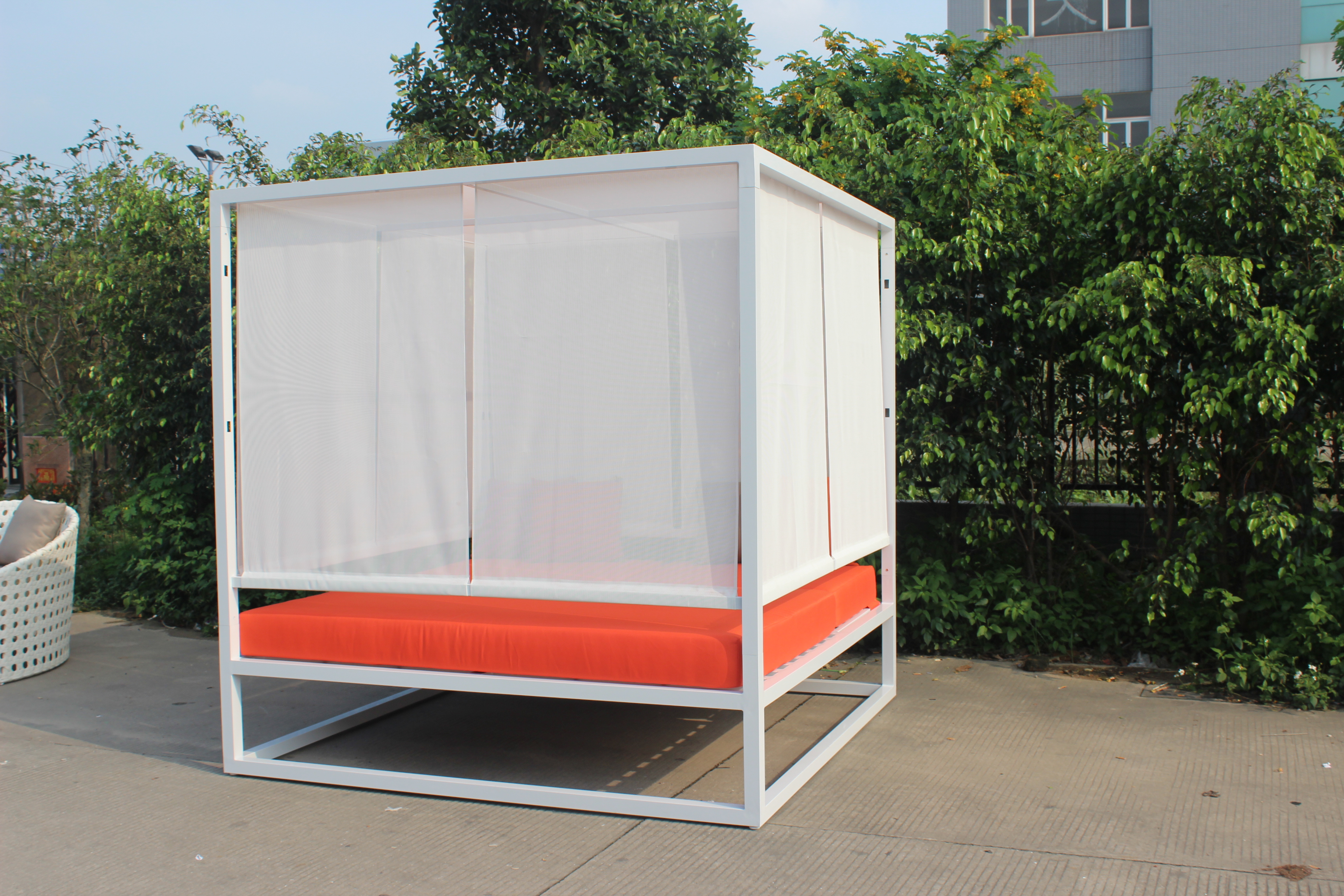 White aluminum outdoor daybed with canopy