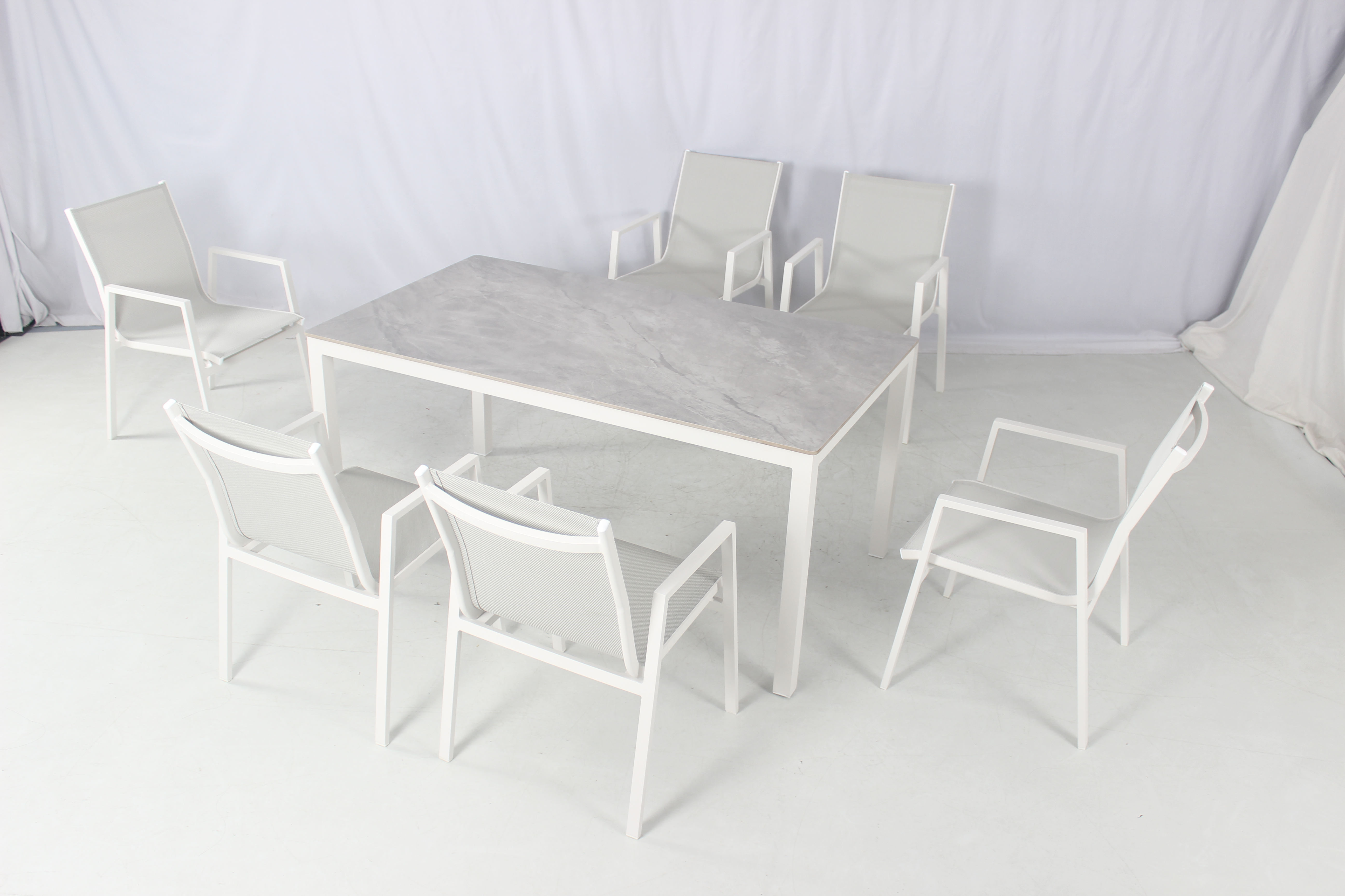 White aluminum 6 seater patio terrace dining furniture set