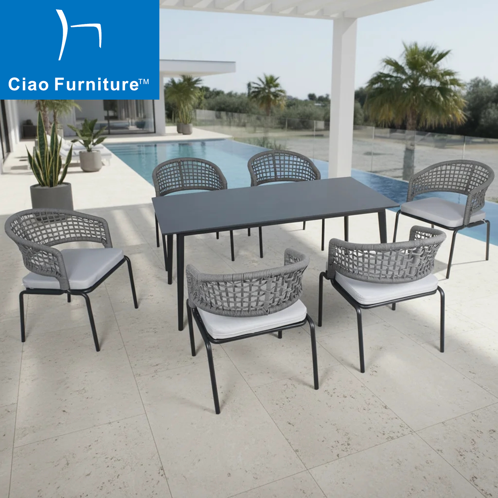 6 seater outdoor terrace dining table and rope chairs set 