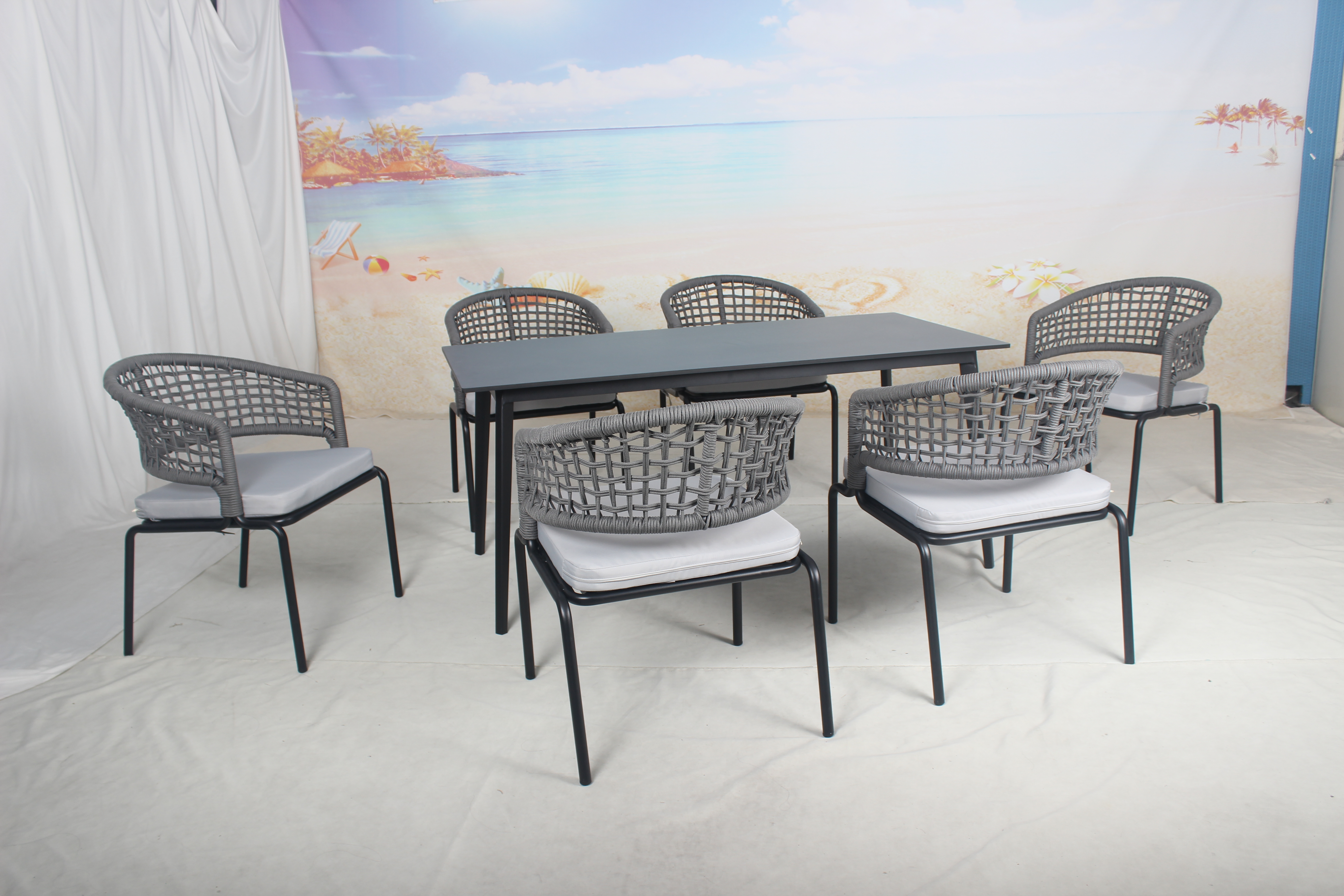 6 seater outdoor terrace dining table and rope chairs set 