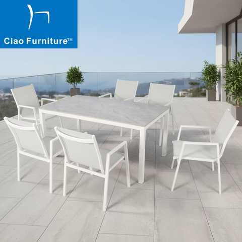 White aluminum 6 seater patio terrace dining furniture set