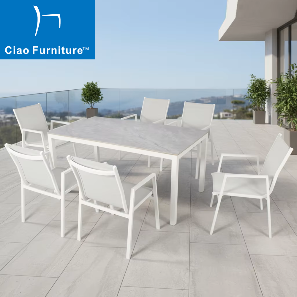 White aluminum 6 seater patio terrace dining furniture set
