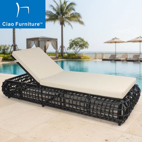 Black rattan outdoor pool lounger single bed