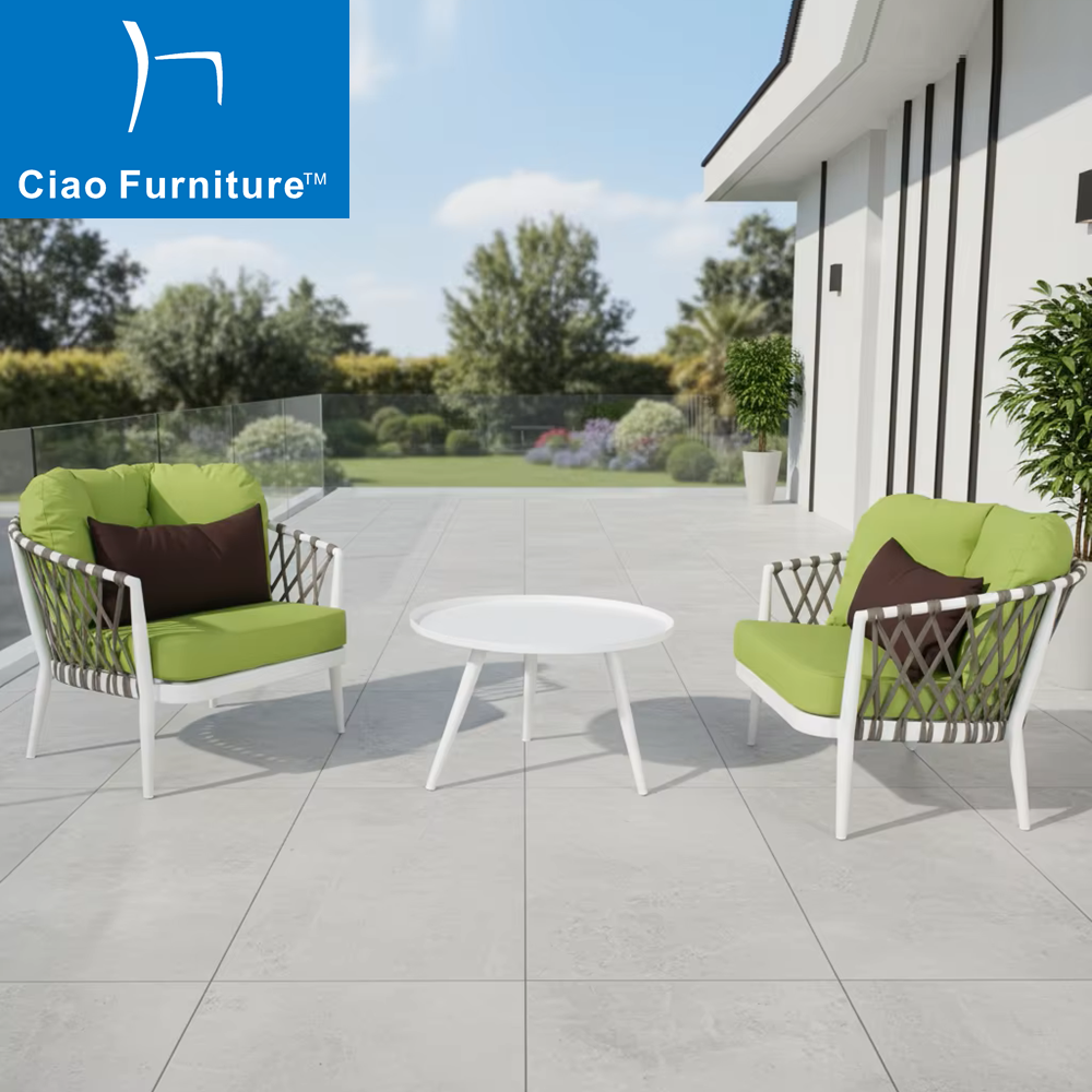 White outdoor balcony patio coffee table and chairs