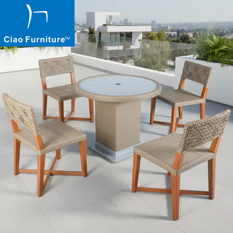 5 pieces outdoor wood rattan table and chair set