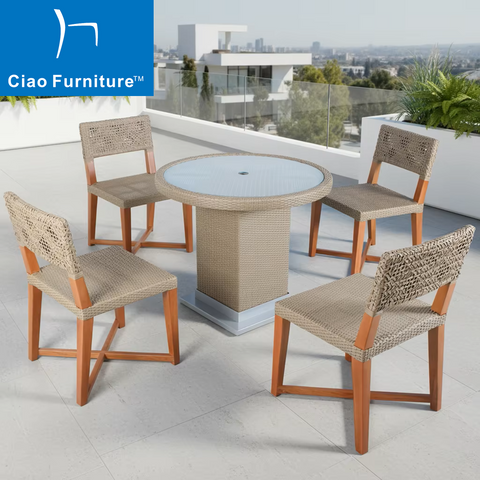5 pieces outdoor wood rattan table and chair set