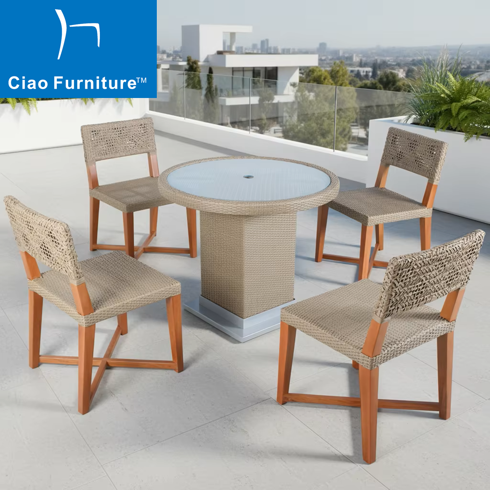 5 pieces outdoor wood rattan table and chair set