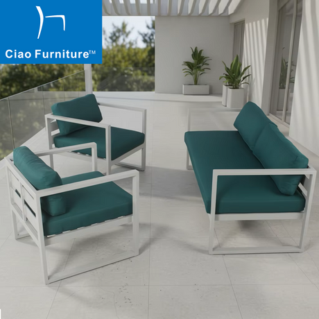 Resort 5 seater terrace outdoor aluminum seating sofa set with green cushion