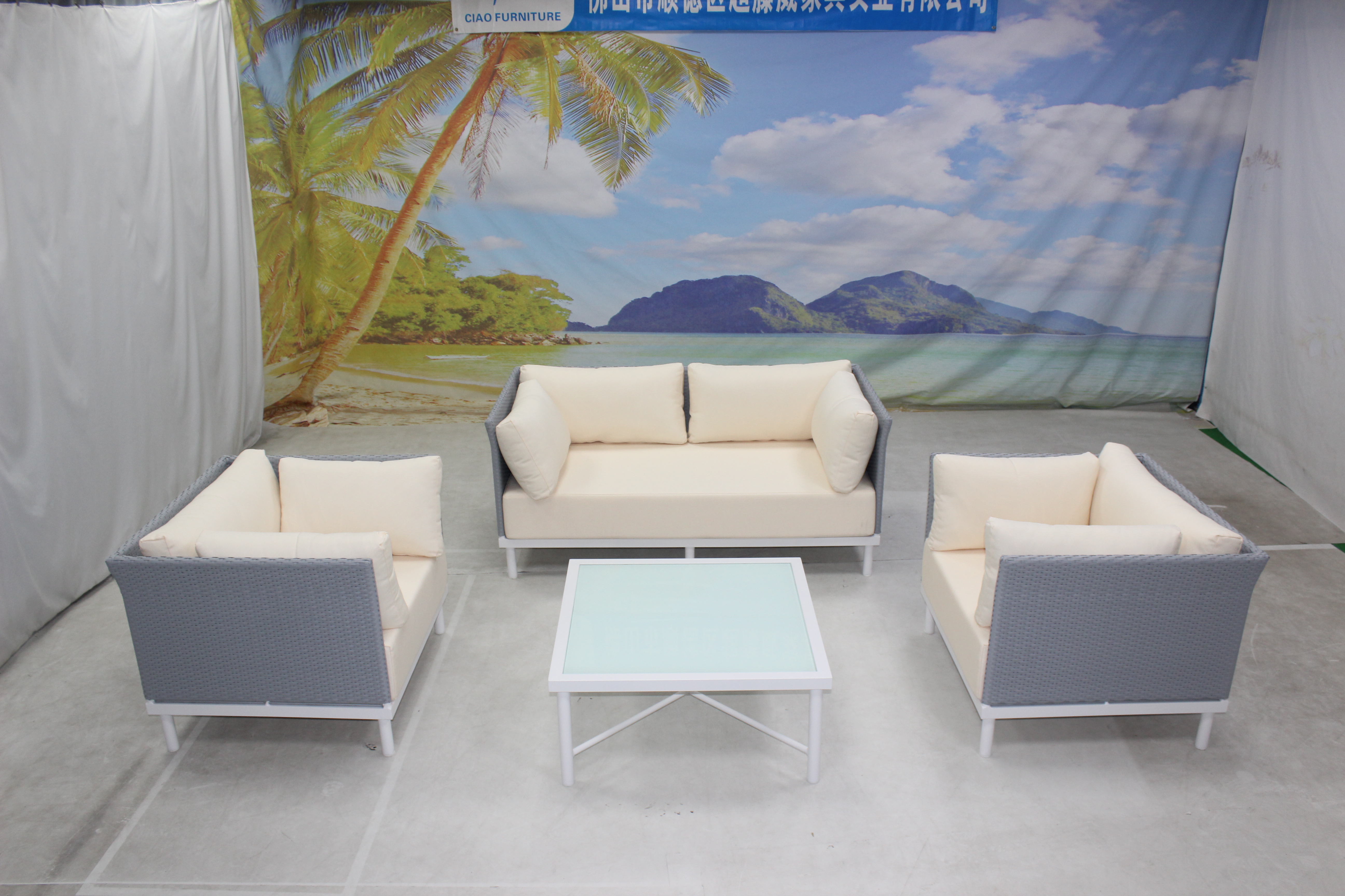 Weatherproof 4 seater terrace rattan sofa set with thick cushion