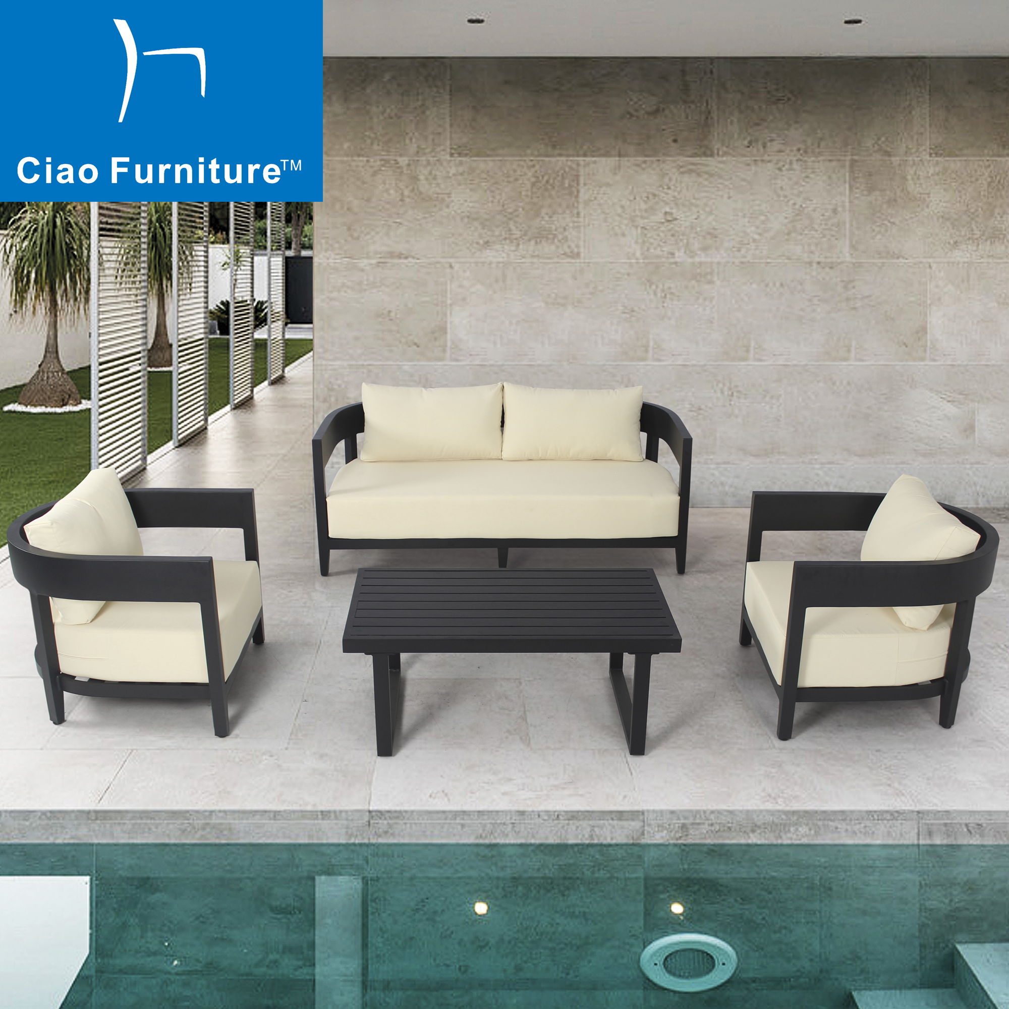 Foshan 4 seater backyard outdoor black powder coated aluminum sofa