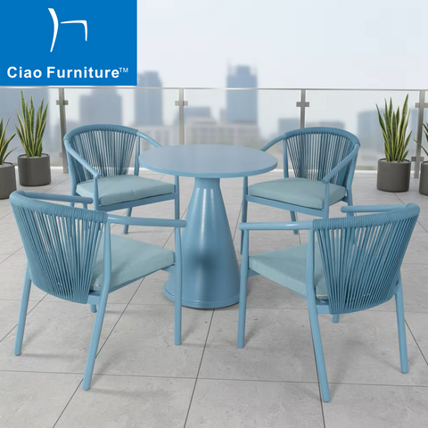 5 pieces garden balcony blue round coffee table and rope dining chairs