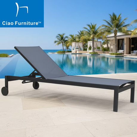 Beach reclining aluminum chaise lounge chair with wheels