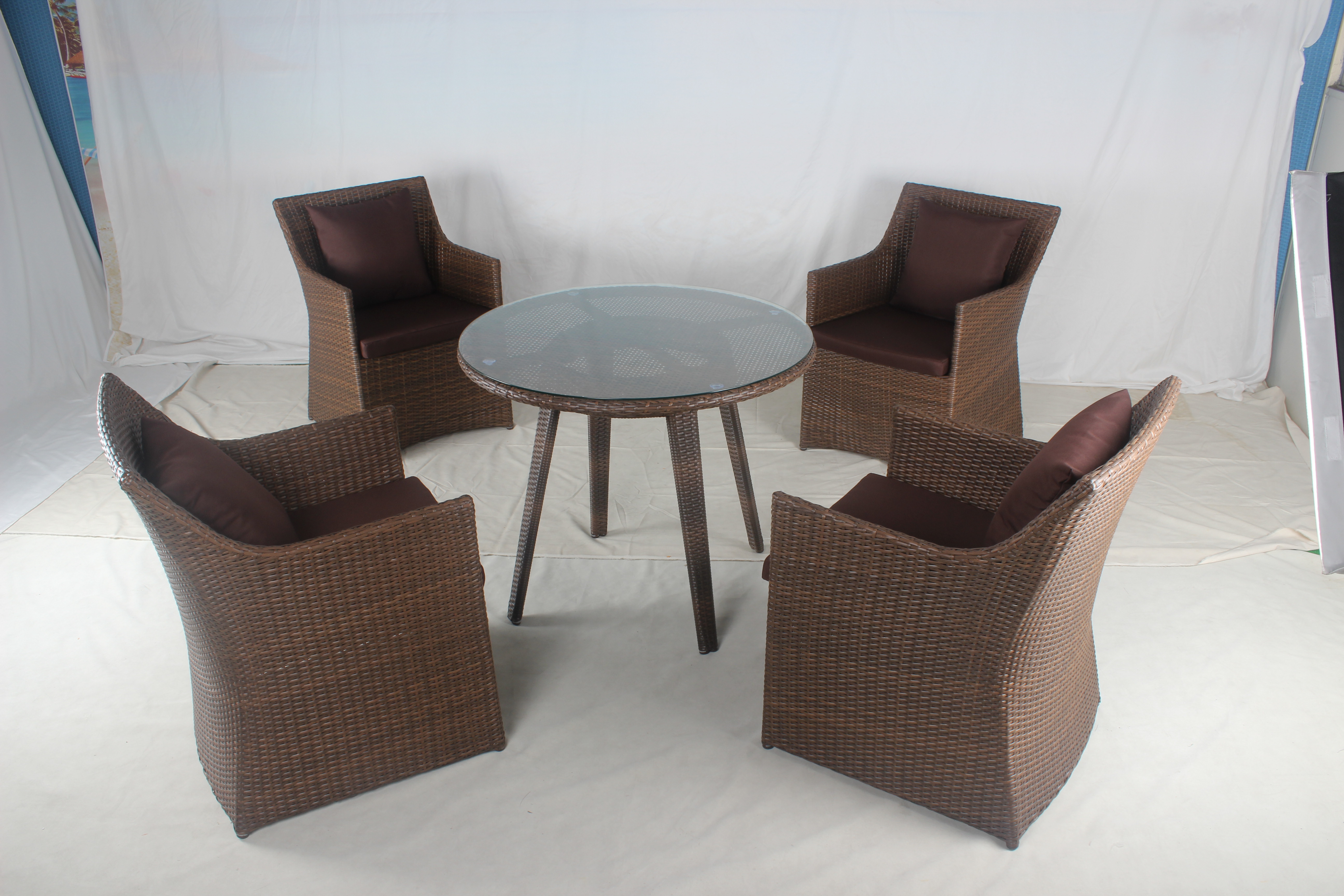 Outdoor brown wicker terrace furniture round dining table chairs set