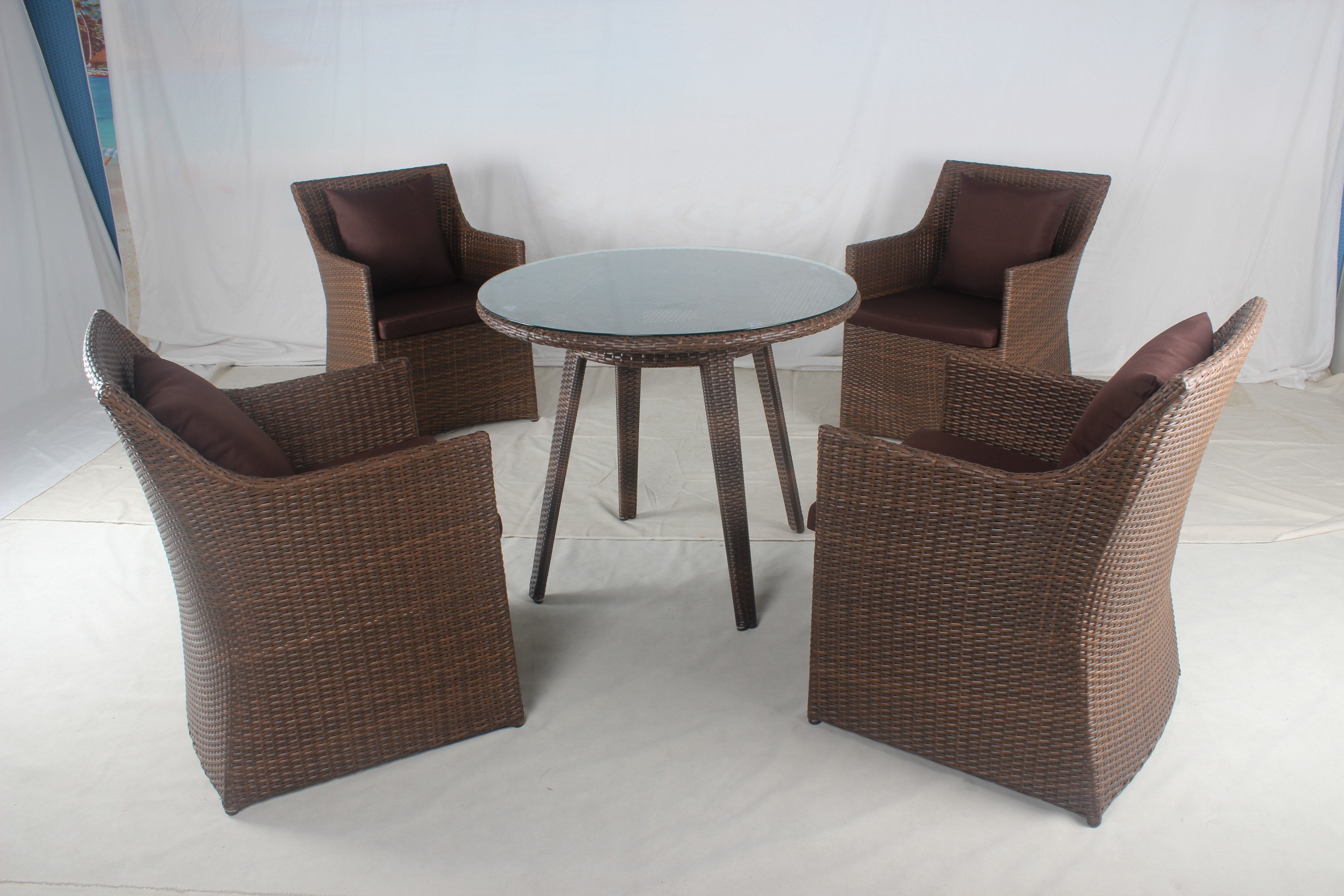Outdoor brown wicker terrace furniture round dining table chairs set