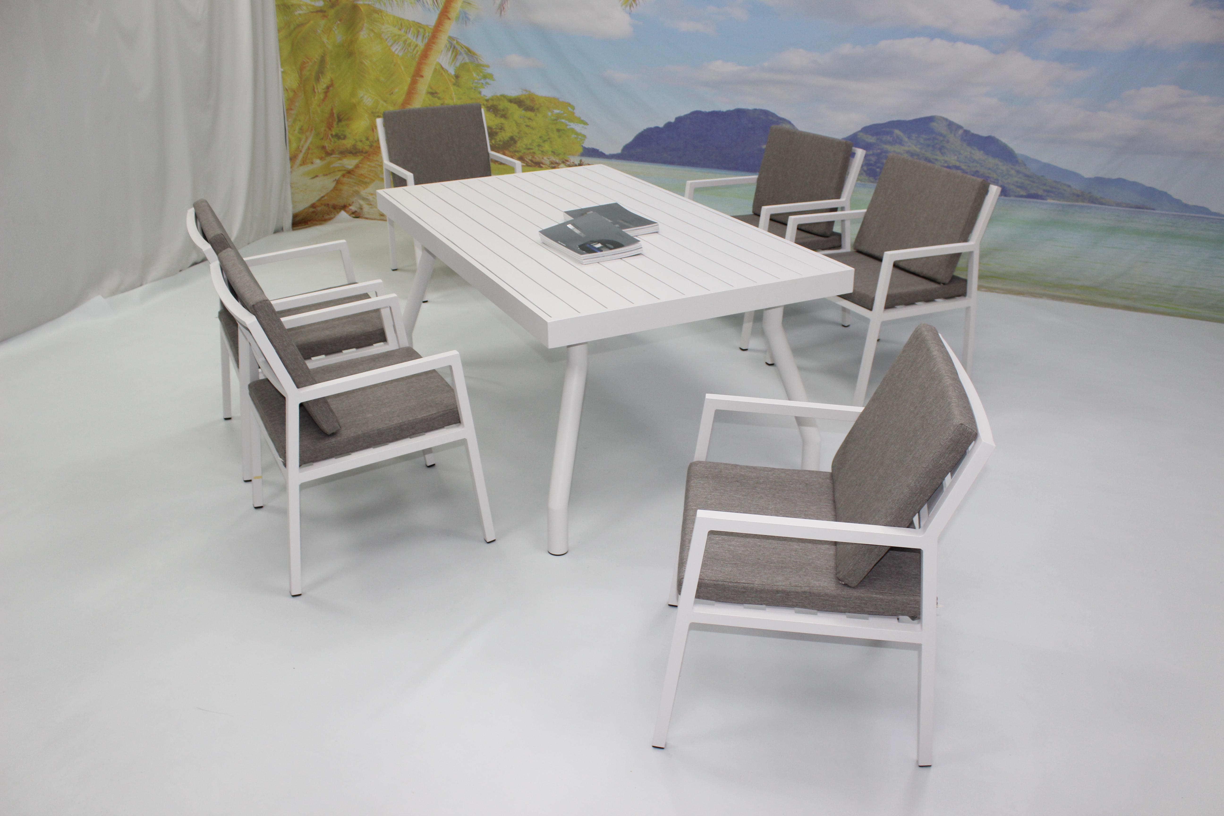 Pool side commercial white aluminum dining table and chairs set