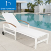 White aluminum outdoor chaise lounge with wheels