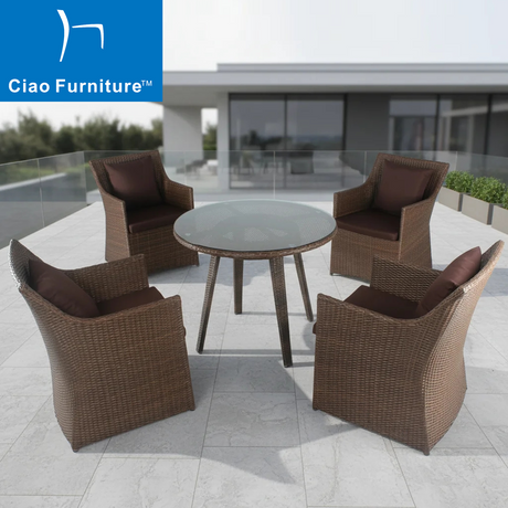 Outdoor brown wicker terrace furniture round dining table chairs set