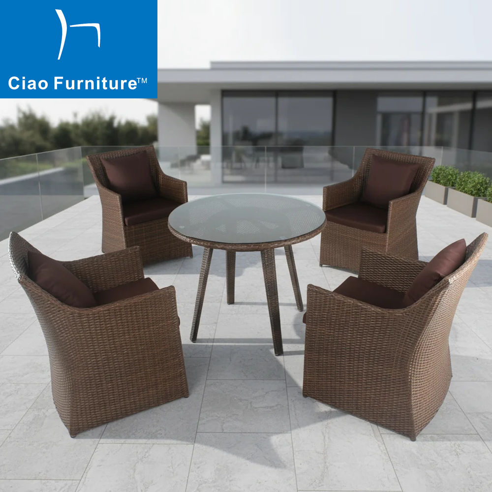 Outdoor brown wicker terrace furniture round dining table chairs set