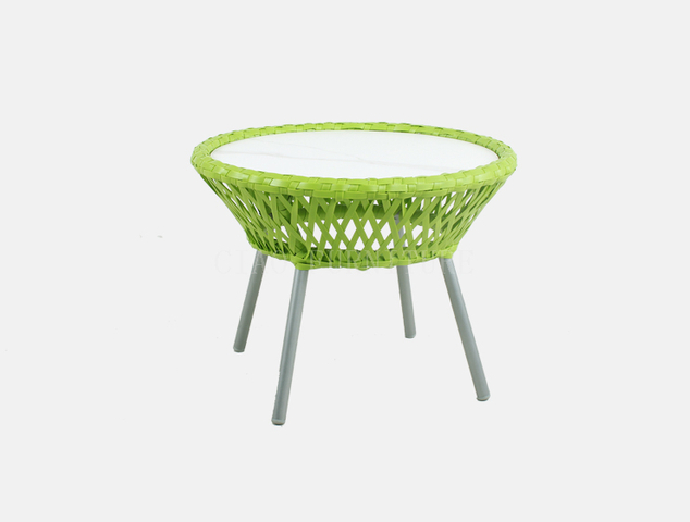 Round green rattan patio side table