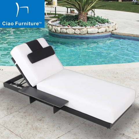 Luxury pool side outdoor black aluminum chaise lounge with thick white cushion