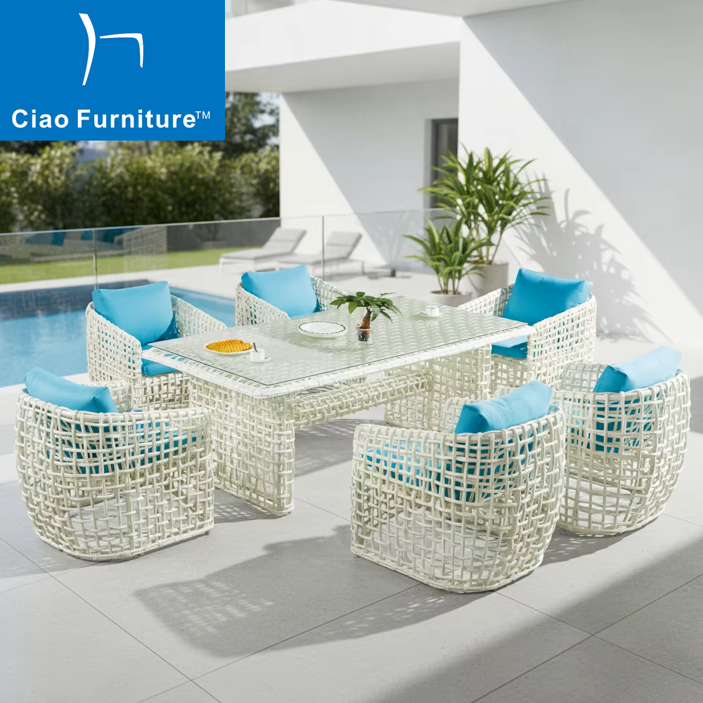 6 seater patio white rattan table chairs set 