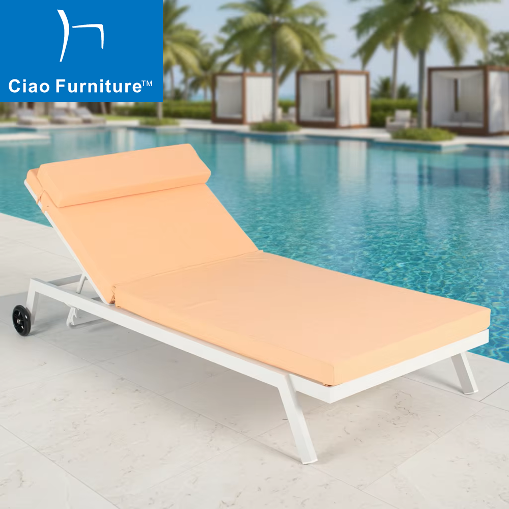 Outdoor white aluminium sun lounger with wheels