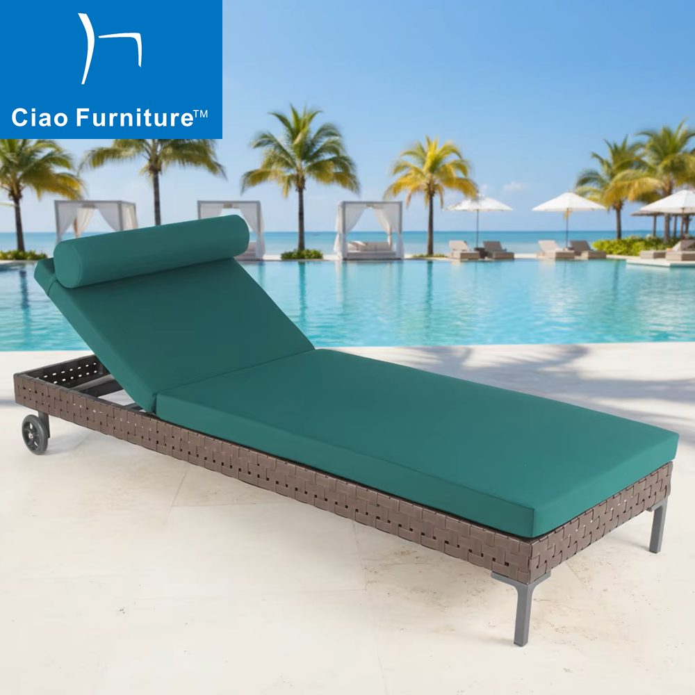 Patio outdoor rattan chaise lounge with cushion