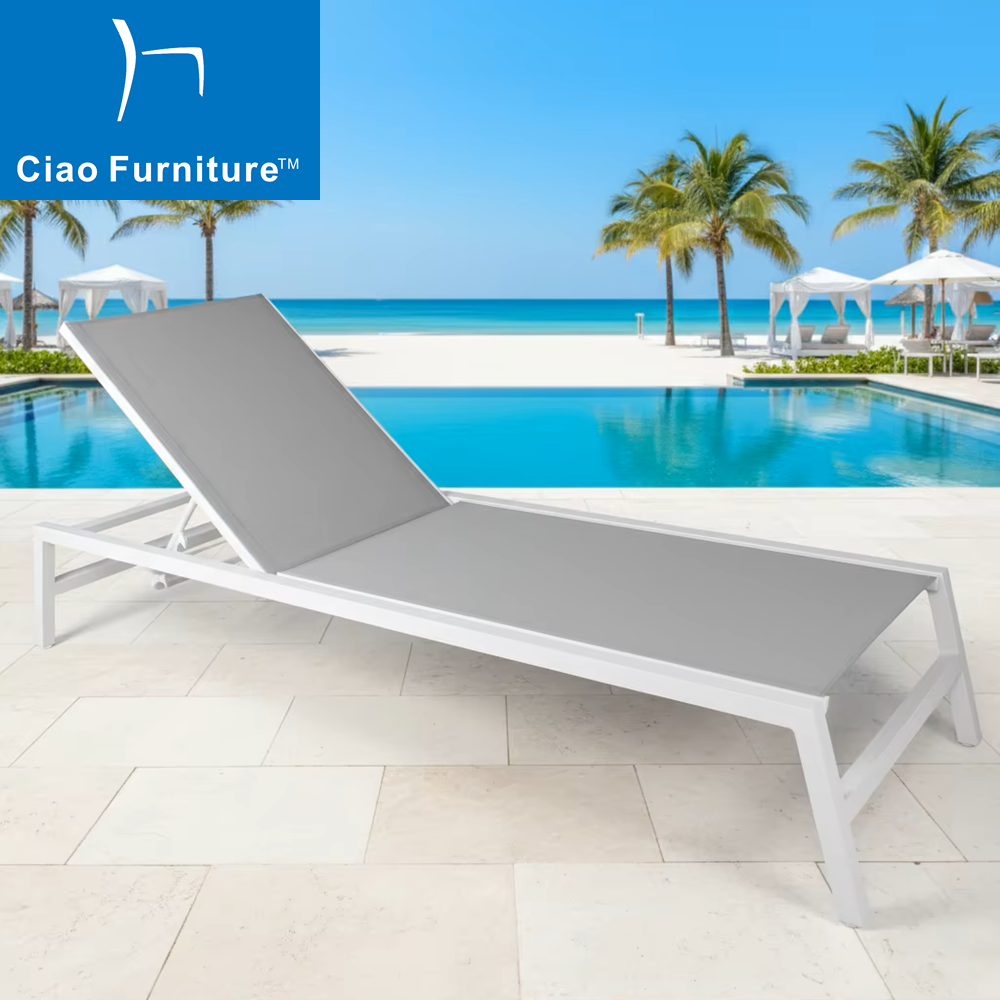 White aluminum frame outdoor pooolside sun lounger