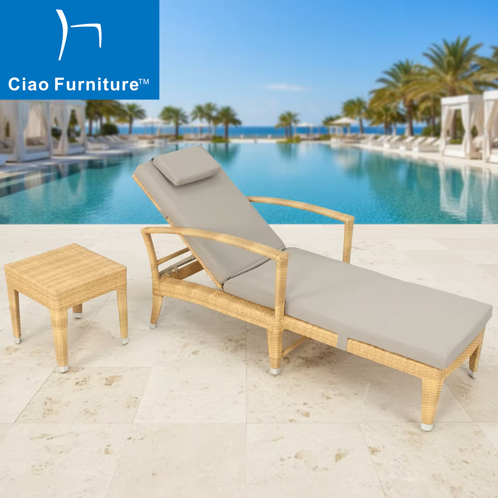 Outdoor pool wicker chaise lounge chair with side table