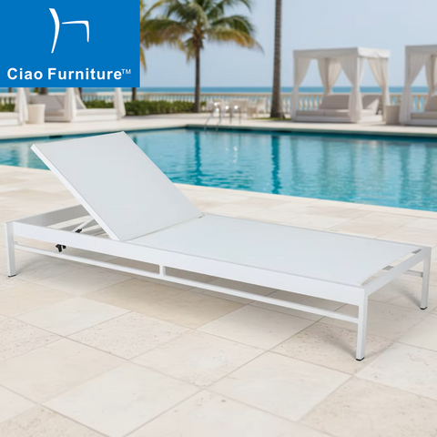 White aluminum outdoor pool sling fabric sun lounger