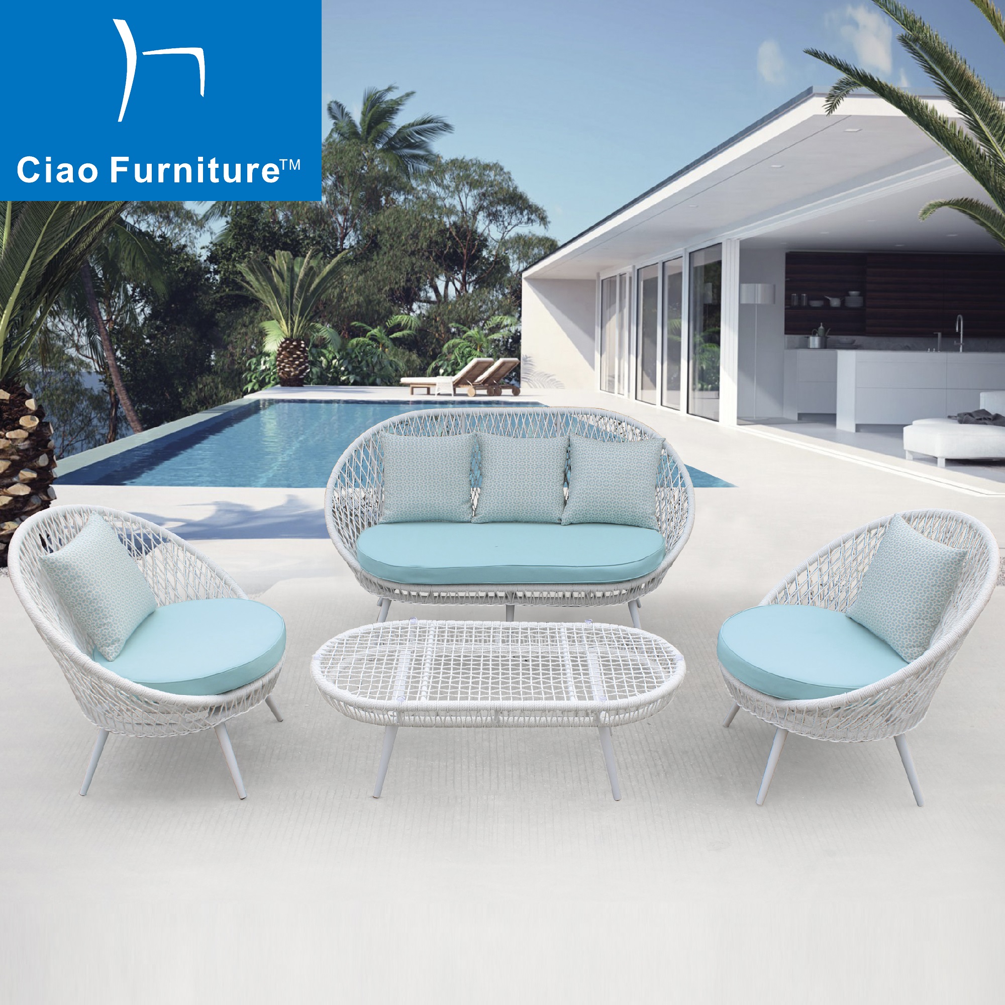 White patio terrace rope sofa furniture set