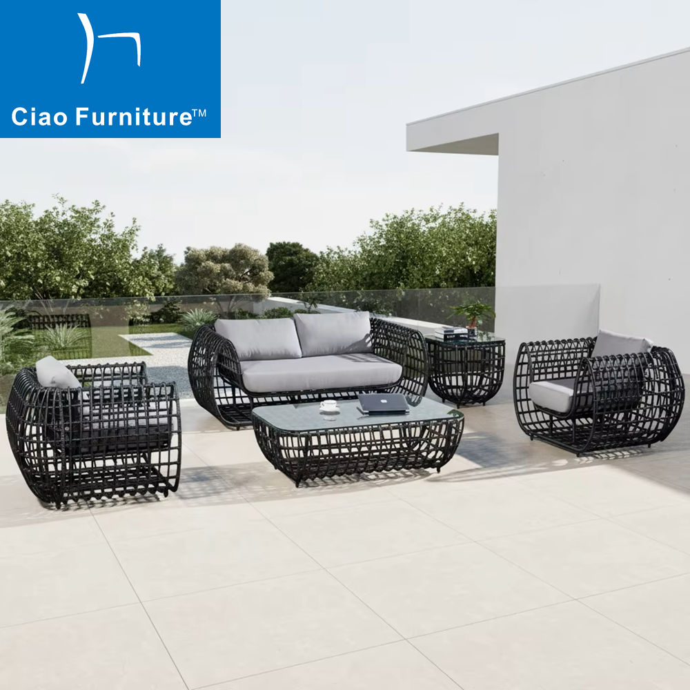 4 seat black synthetic rattan patio sofa set