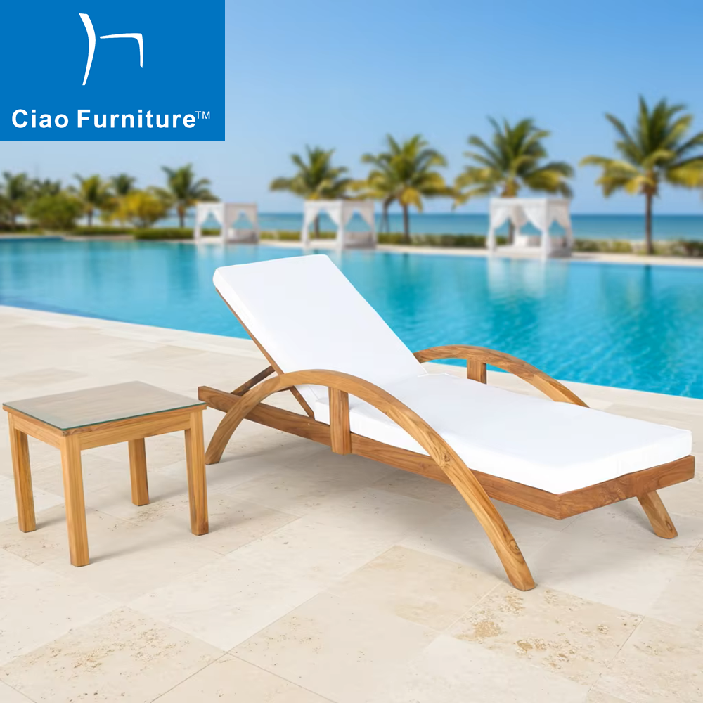 Outdoor teak wood sun lounger chair with side table 