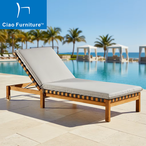 Poolside teak wood sun lounger with wheels