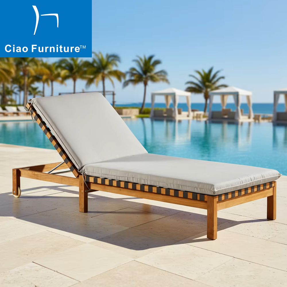 Poolside teak wood sun lounger with wheels