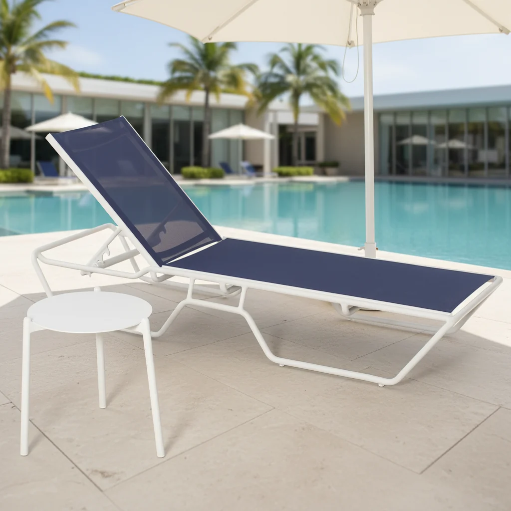 Hotel pool side furniture outdoor aluminum navy blue sling fabric chaise lounge