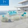 5 seater white PE rattan garden sofa with blue cushion
