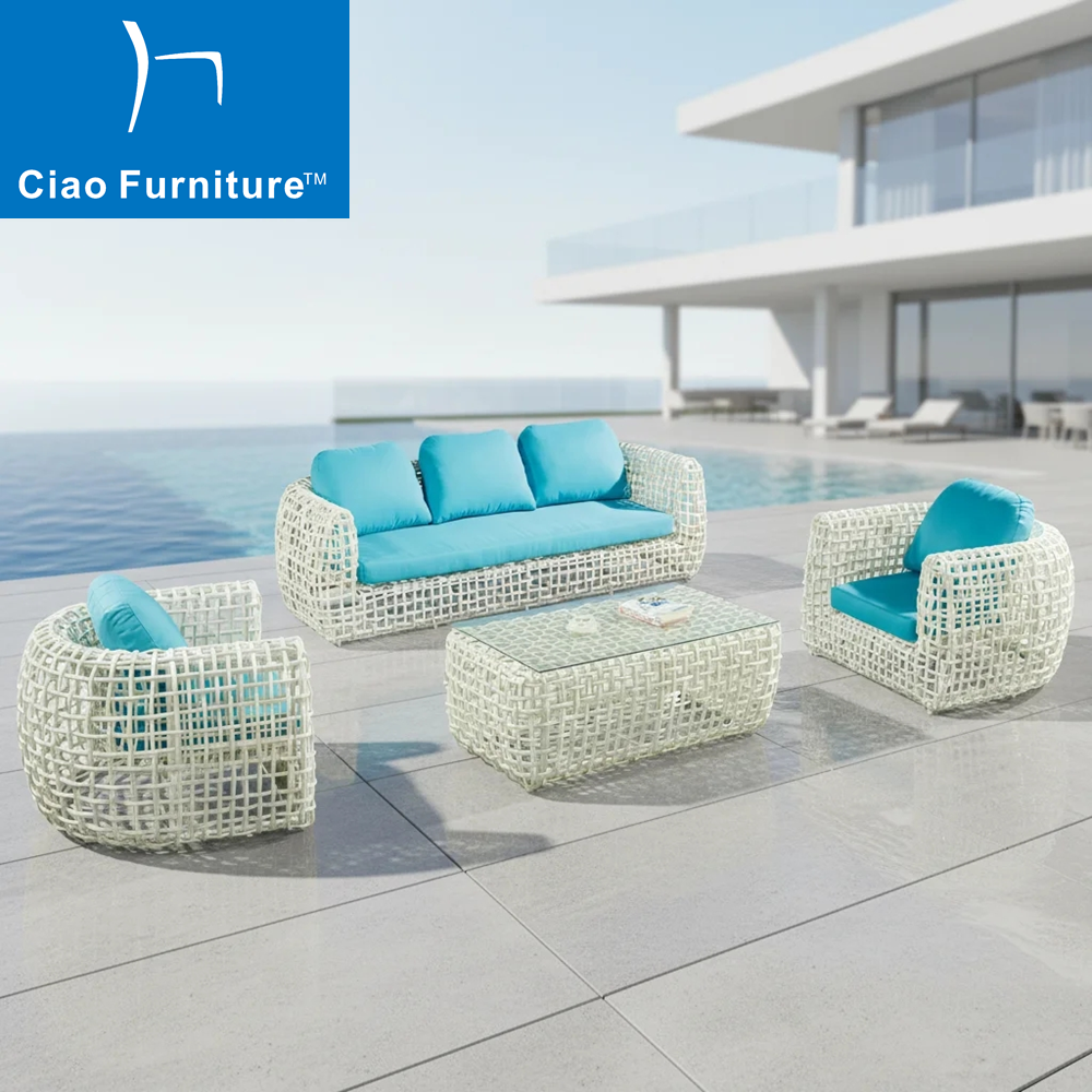 5 seater white PE rattan garden sofa with blue cushion