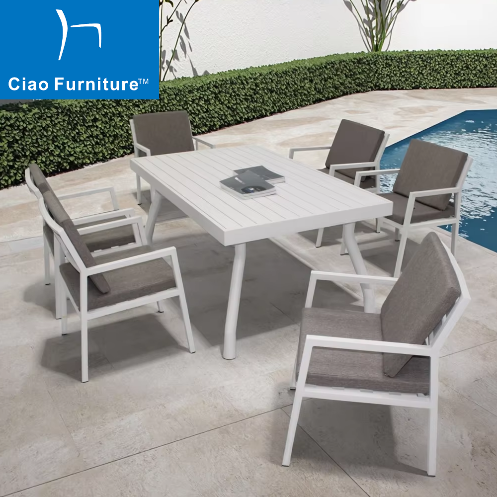 Pool side commercial white aluminum dining table and chairs set