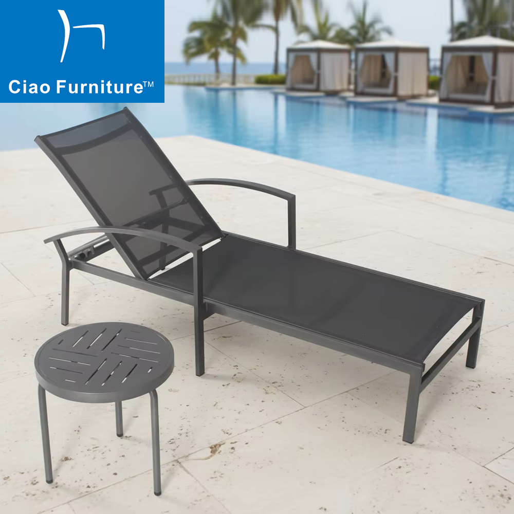Hotel aluminum pool lounge chair with round side table